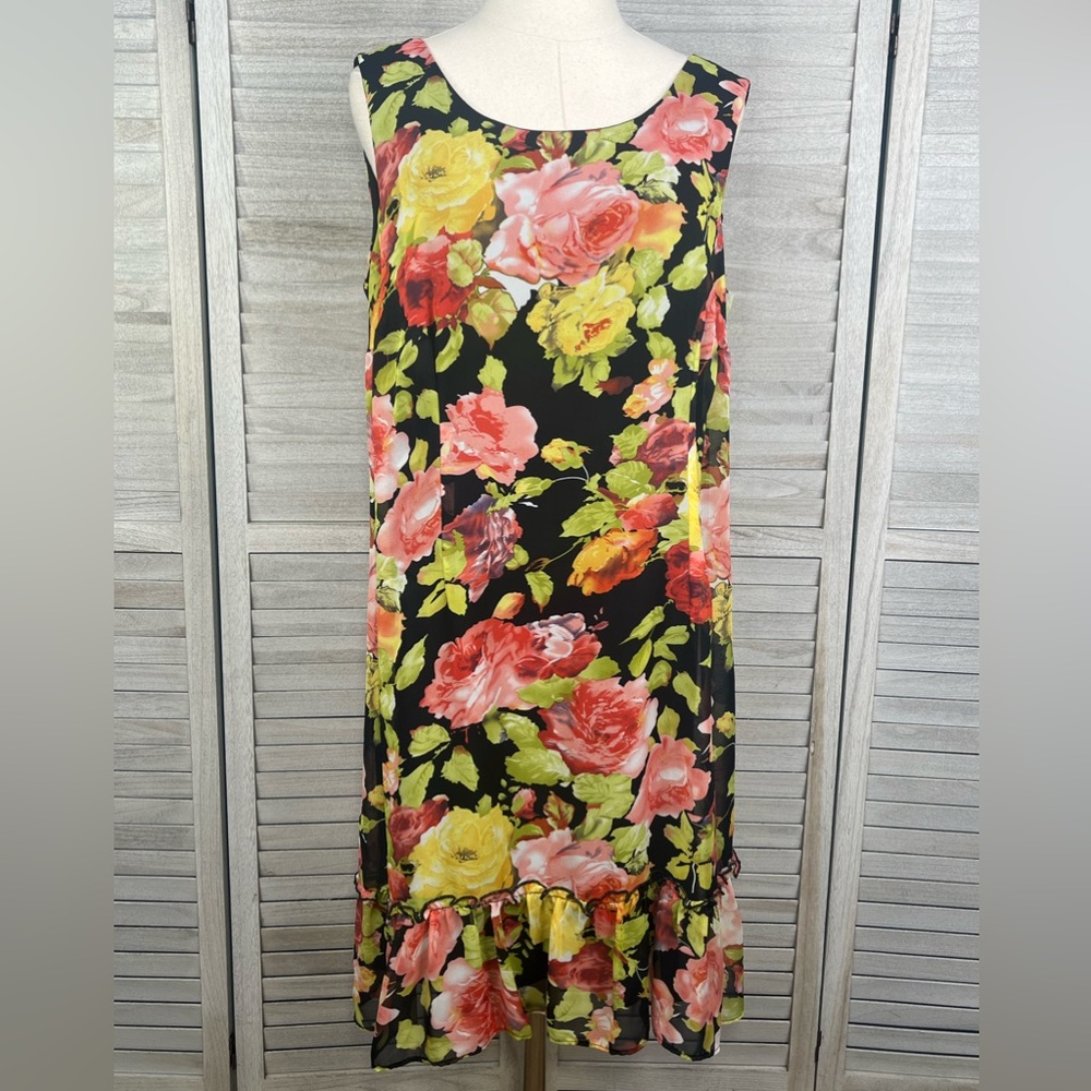 LANE BRYANT Sleeveless Midi Dress with Ruffled Hem Black/Multi Floral-16